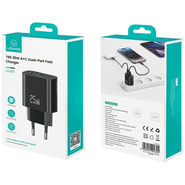 USAMS CC315 T65 25W 1xUSB-C 1xUSB-A Pikalataus Seinälaturi Musta