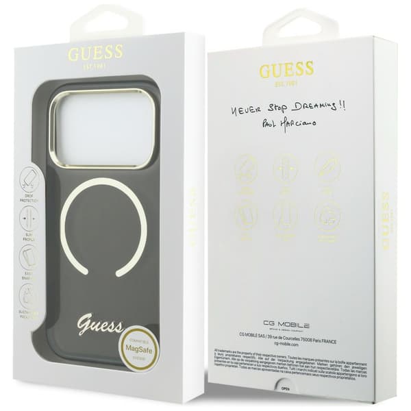Guess IML Script Metallinen MagSafe-kotelo iPhone 17 Pro Maxille, musta