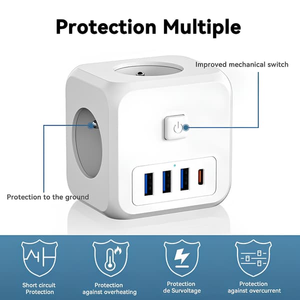 LENCENT 7 i 1 EU-stikdåse, PD35W 3AC 3U1C strømdåse med USB
