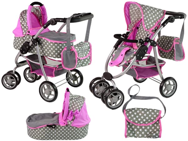 Dukkevogn 2 i 1 Gondoltaske Pink Stjerner