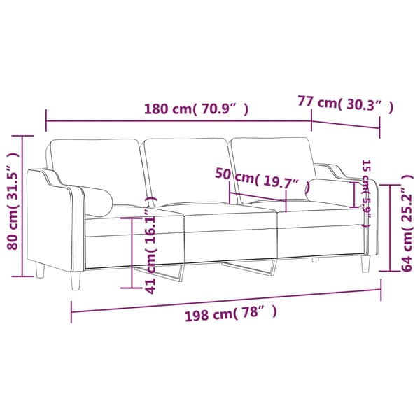 vidaXL 3-sitssoffa med kuddar, mörkgrå, 180 cm, tyg