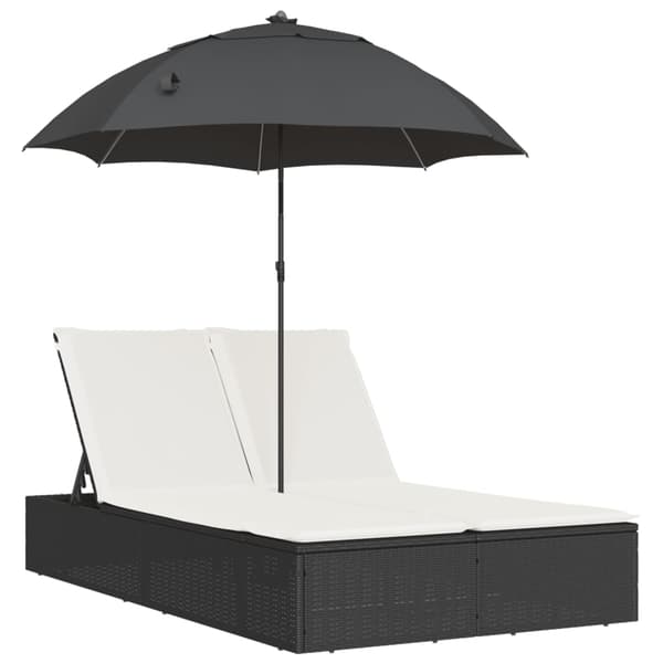 vidaXL dobbelt dagseng med hynder og parasol, sort, polyrattan