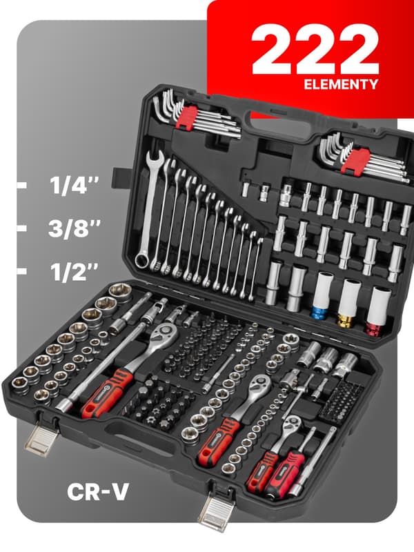 FORCEKRAFT työkalusarja 222 ELEMENTS CrV-teräs SUURI sarja 1/4" 3/8" 1/2"