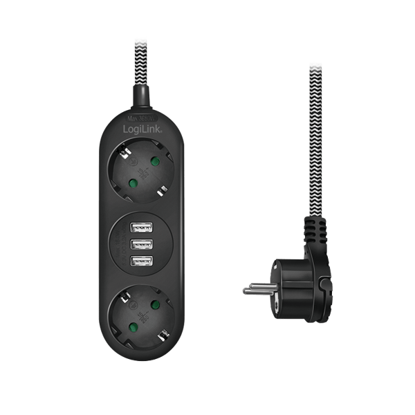 2-vejs strømskinne, 2x CEE 7/3 + 3x USB-A, tekstilkabel, sort