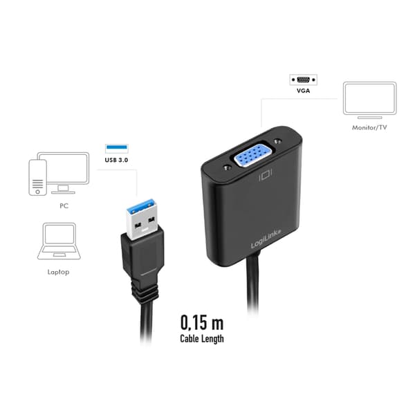 USB 3.0 - VGA 1080p -sovitin, musta, 0,15 m - LogiLink