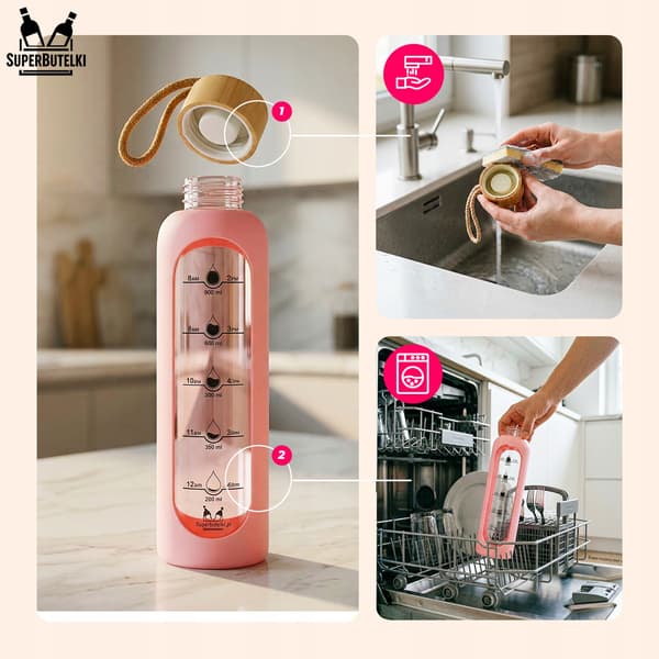 1000 ml glasvandflaske med silikoneetui (sort)