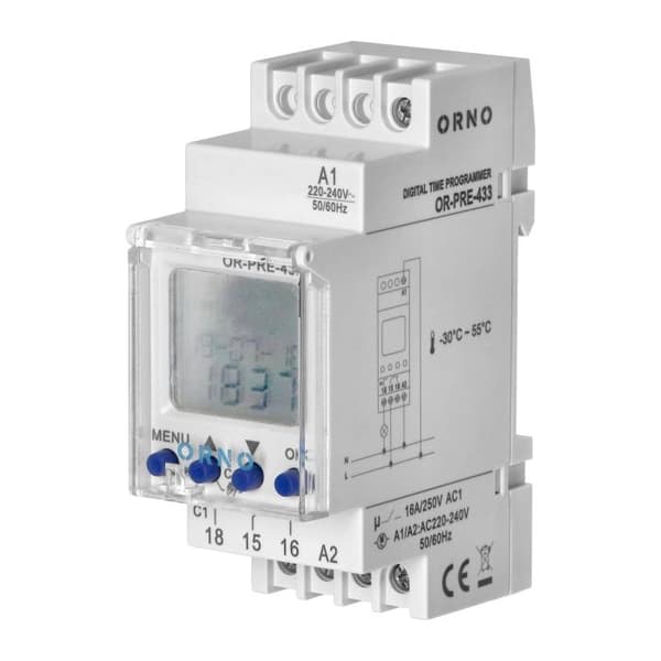 Elektronisk timer med LCD-display för DIN-skena