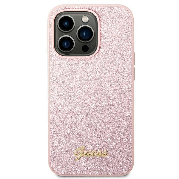 Guess Glitter Script -suojakuori iPhone 14 Pro Maxille, pinkki