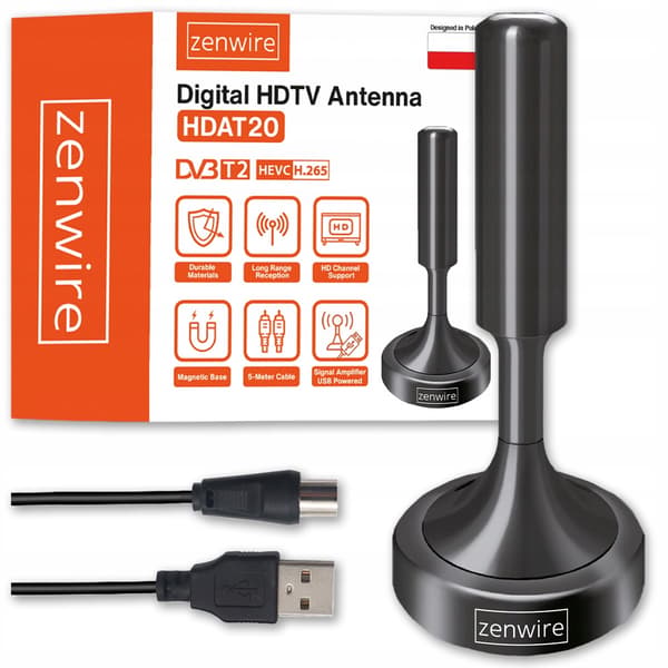 Zenwire HDAT20 indendørs TV-antenne DVB-T2 HEVC H.265 5 meter sort