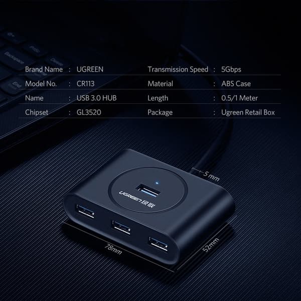USB-port HUB splitter til 4x USB 3.2 kabel 0,5 m sort