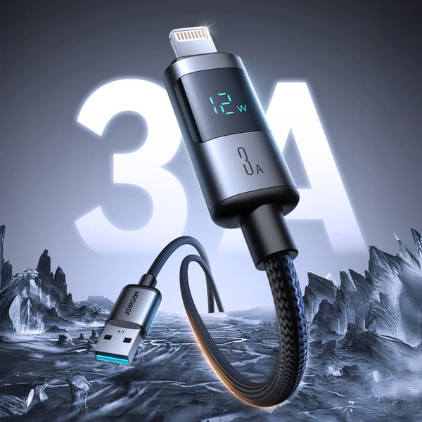 Kabel med skärm USB-A - iPhone Lightning 3A 1,2m - svart