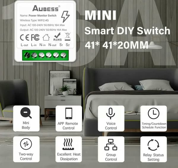 Wifi Tuya Smart Switch Aubess 16A DIY-switch, strømmåler, wattmåler