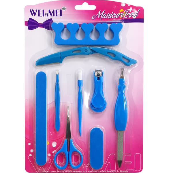 Manicure tilbehørssæt: trimmer, saks, fil, pincet, klippemaskine, blå
