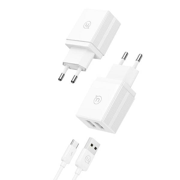 USAMS 2xUSB-A vægoplader + USB-C/USB-A hurtigopladerkabel hvid