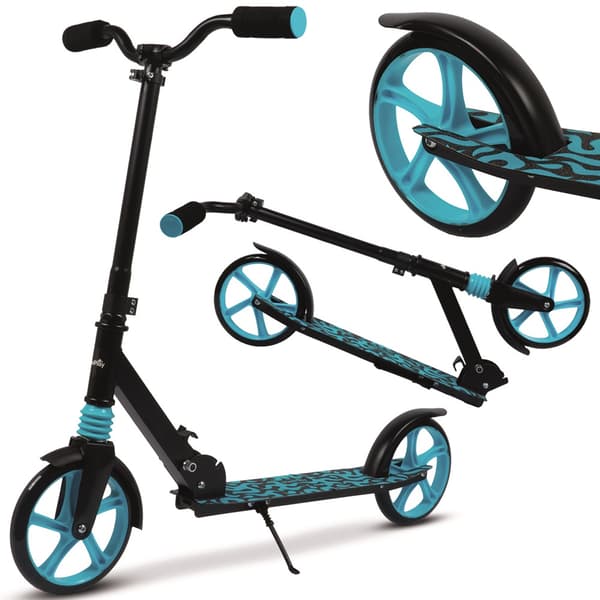 Sort og blå foldbar scooter med støddæmper