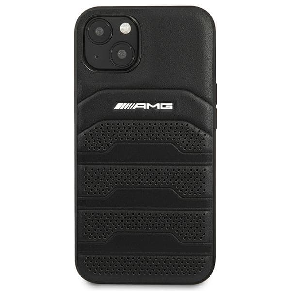 AMG lædercover med prægede linjer og sort logo til iPhone 14 Plus, sort