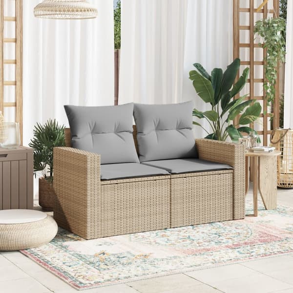 vidaXL Trädgårdssoffa med kuddar, 2-sits, beige, polyrotting