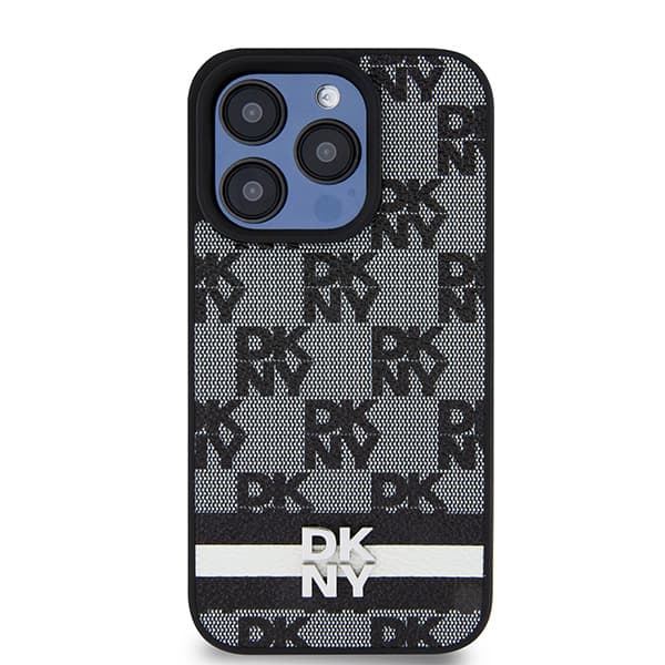 DKNY Læderetui med Ternet Monomønster og Trykte Striber til iPhone 15 Pro Max, Sort