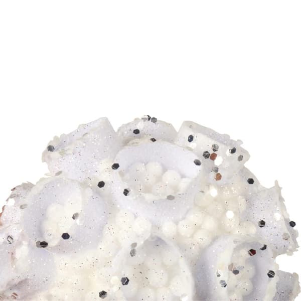 Hvid styrofoamkugle med sølvglimmer, 8 cm