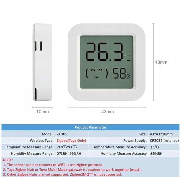 ZigBee ZTH05 Tuya LCD temperatur- og fugtighedssensor, 1,5-tommer display