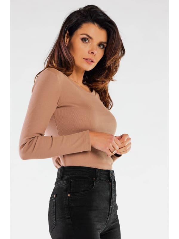 Enkel ribbad stickad blus i bomull, beige XL