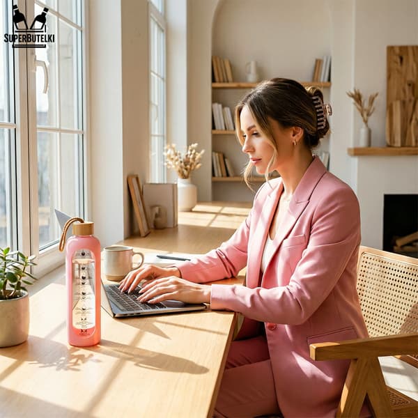 1000 ml glasvattenflaska med silikonfodral (rosa)