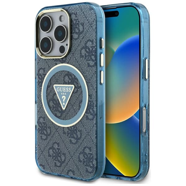 Guess IML Metal Glitter 4G Circle Triangle MagSafe-etui til iPhone 16 Pro Max blå