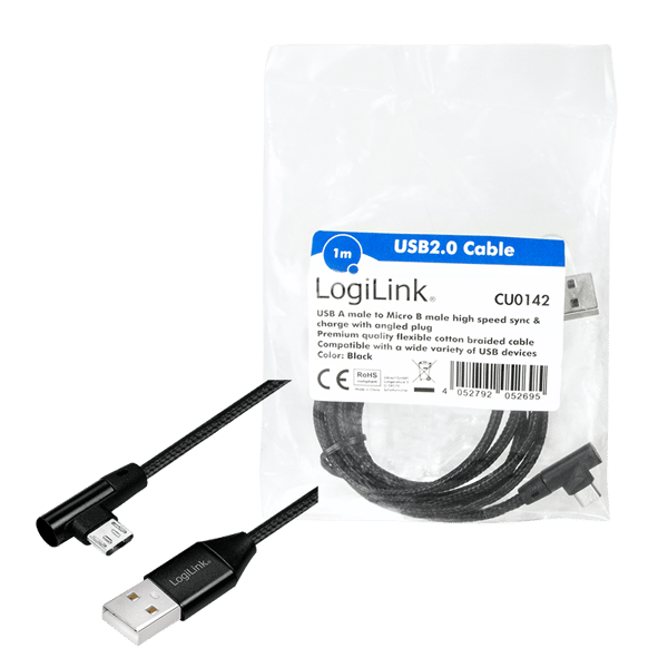 USB 2.0 -kaapeli Androidille, USB-A/M - Micro-USB/M (90°), metalli, musta, 1m