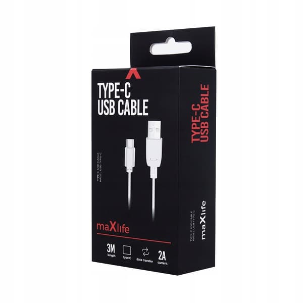 Maxlife USB - USB-C -latauskaapeli 3,0 m 2A Valkoinen
