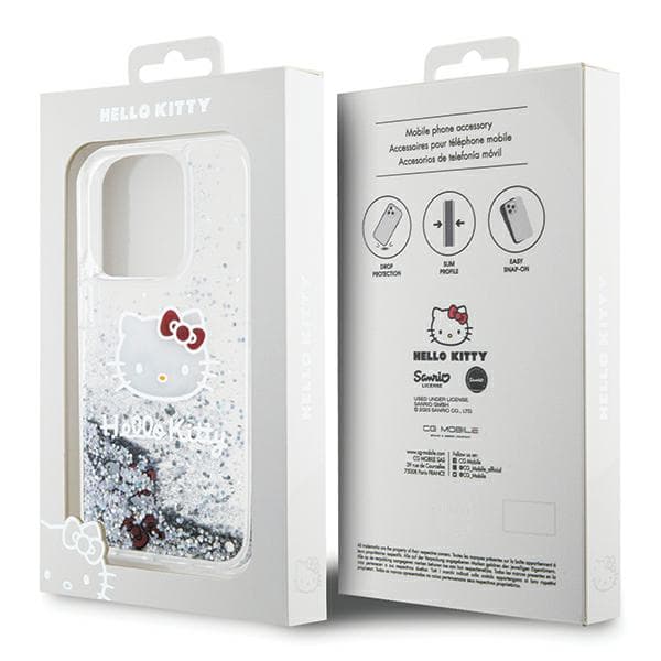 Hello Kitty Liquid Glitter Charms Kitty Head cover til iPhone 15 Pro, sølv