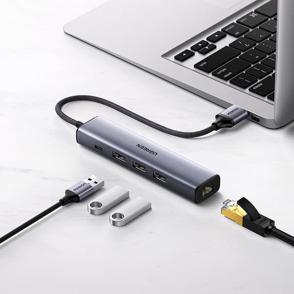 Multifunktionel HUB adapter splitter USB 3.0 - 3x USB Ethernet RJ-45 USB-C PD grå