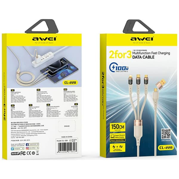 AWEI CL-228 USB - A - USB -C - Lightning - microUSB 3in2 -kaapeli, musta