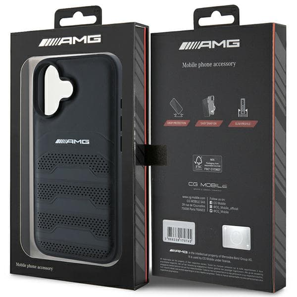 AMG lædercover med prægede linjer og sort logo til iPhone 16, sort