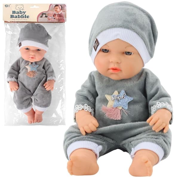 30 cm babydukke i grå pyjamas