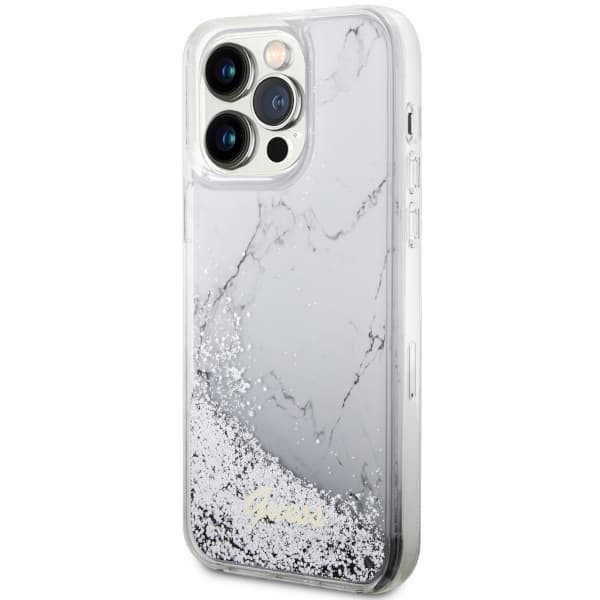 Guess Liquid Glitter Marble Cover til iPhone 14 Pro Max, Hvid