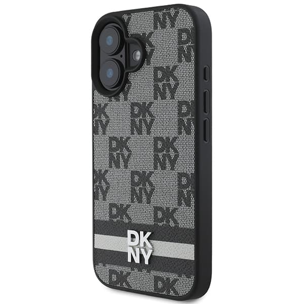 DKNY cover med ternet mønster og trykte striber til iPhone 16, sort