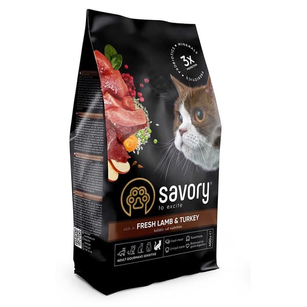 Savory Premium torrfoder för katter, vuxen, lamm och kalkon, sensitiv, 400 g