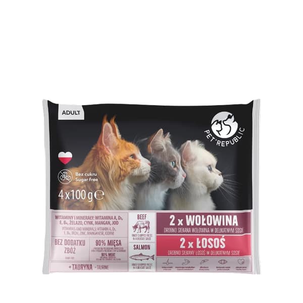 PetRepublic våtfoder för katter, vuxen, nötkött, lax, 4x100g