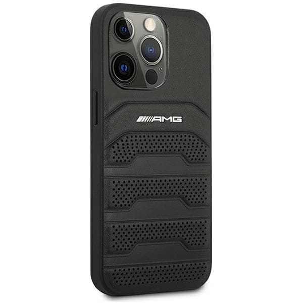 AMG lædercover med prægede linjer og sort logo til iPhone 14 Pro, sort