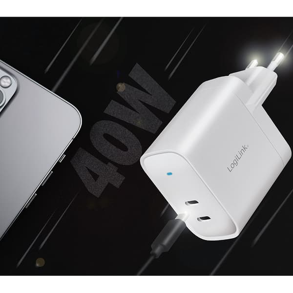 LogiLink 40W GaN USB-C 2x PD-laddare Vit Snabb PPS Compact Cube