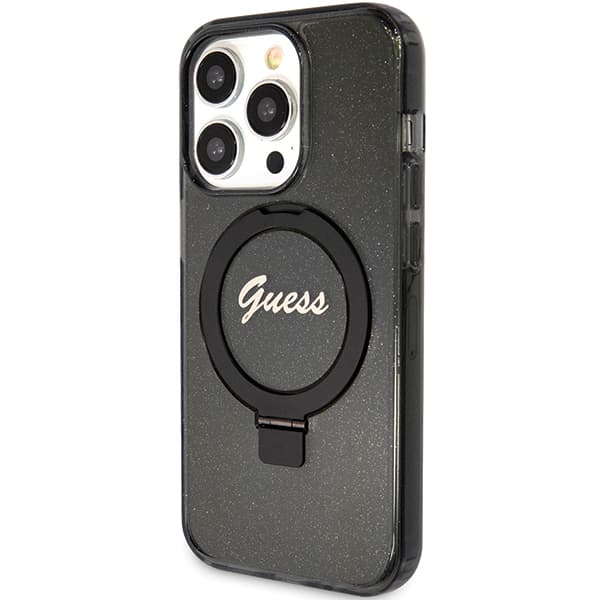 Guess Ring Stand Script Glitter MagSafe-skal till iPhone 15 Pro, svart