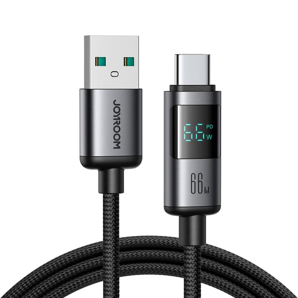 Kabel med display USB-A - USB-C 66W 1,2m - sort