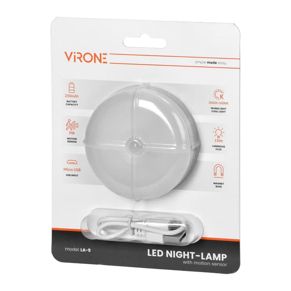 LED-natlampe med Micro USB-bevægelsessensor, genopladelig, selvklæbende