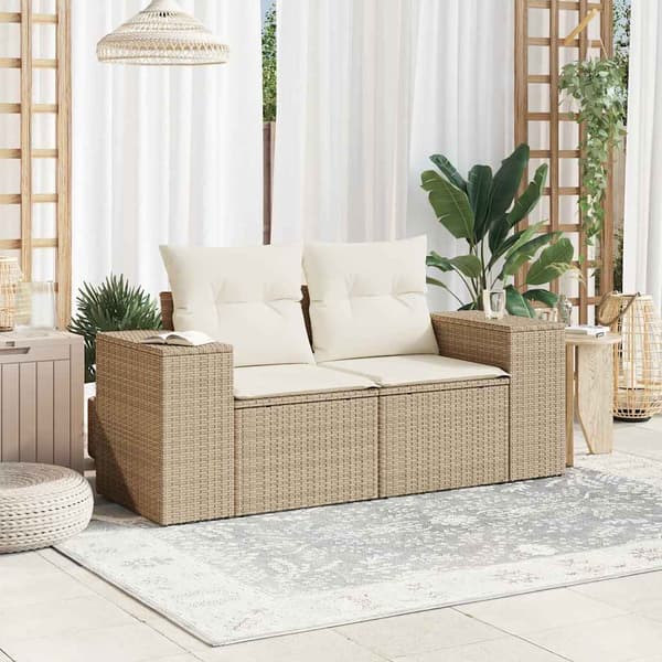 vidaXL Trädgårdssoffa med kuddar, 2-sits, beige, polyrotting