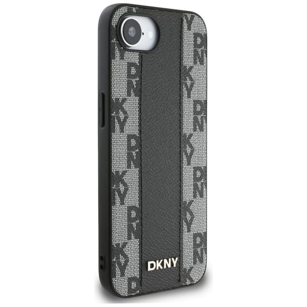 DKNY MagSafe-etui i læder med ternet monogrammønster til iPhone 16e, sort