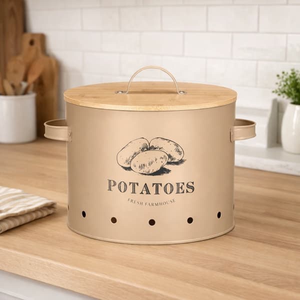 Beige potatisbehållare med bambulock