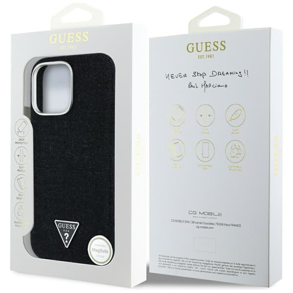 Guess Denim Triangle Logo MagSafe -kotelo iPhone 16 Pro Maxille, musta