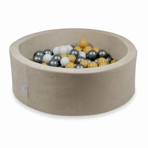 Tør pool 90x30cm fløjlsblød beige med 200 bolde: beige, hvid, sølv