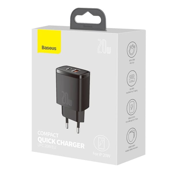 Kompakt USB Hurtig Vægoplader USB-C 20W 3A PD QC 3.0 Sort