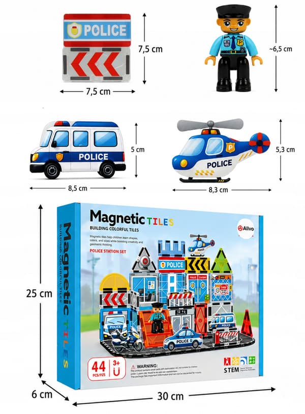 Magnetiska byggklossar 3D stora paneler målat glas polisstad 44 st.